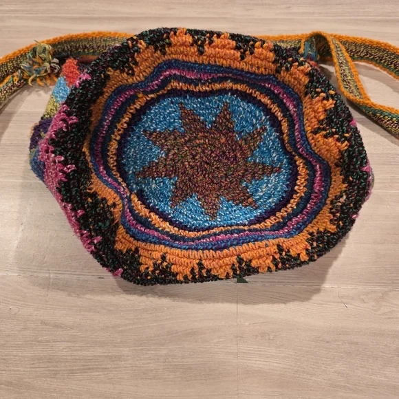 Crochet Bag Colorful Drawstring Bucket Hippie Boho Festival Travel Handmade Knit - Picture 6 of 9